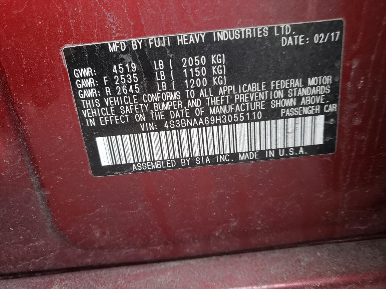 Photo 10 from auction – 2017 SUBARU LEGACY 2.5 with VIN 4S3BNAA69H3055110