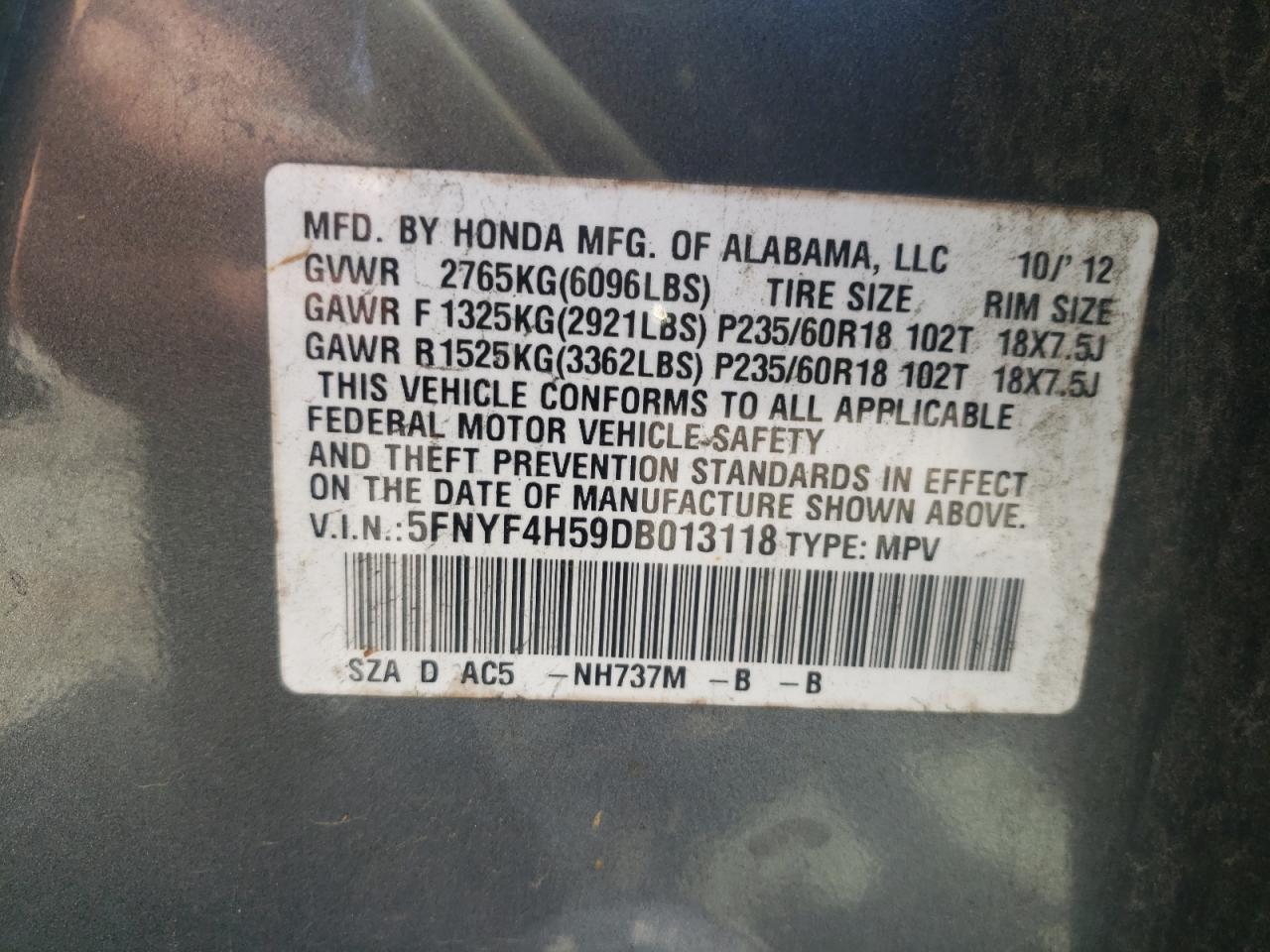Photo 10 from auction – 2013 HONDA PILOT EXL with VIN 5FNYF4H59DB013118