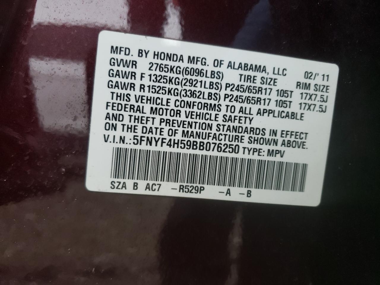 Photo 10 from auction – 2011 HONDA PILOT EXL with VIN 5FNYF4H59BB076250
