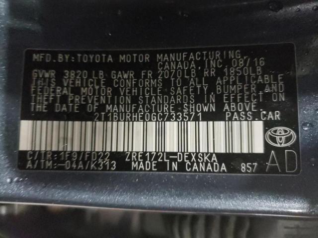 Photo 10 from auction – 2016 TOYOTA COROLLA with VIN 2T1BURHE0GC733571