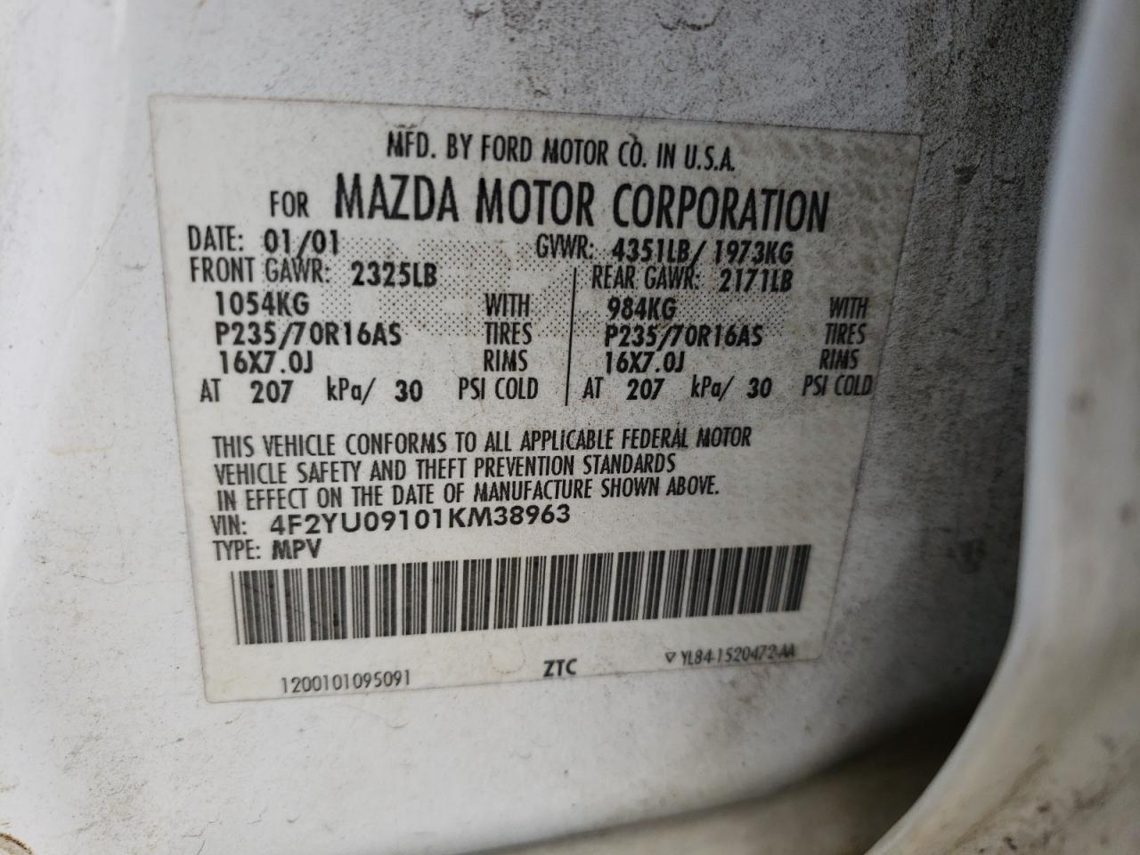 Photo 10 from auction – 2001 MAZDA TRIBUTE LX with VIN 4F2YU09101KM38963