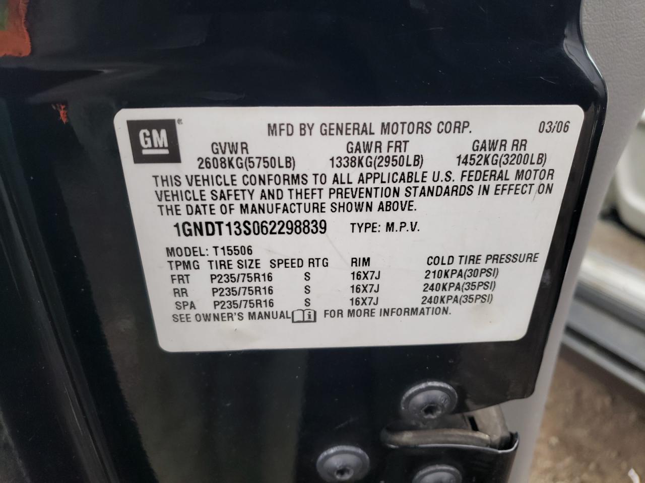 Photo 10 from auction – 2006 CHEVROLET TRAILBLAZE with VIN 1GNDT13S062298839