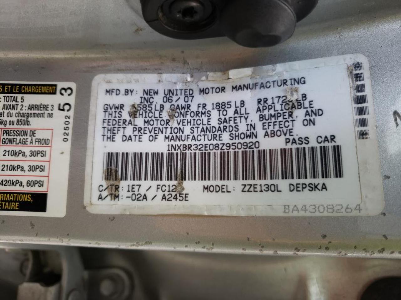 Photo 10 from auction – 2008 TOYOTA COROLLA CE with VIN 1NXBR32E08Z950920
