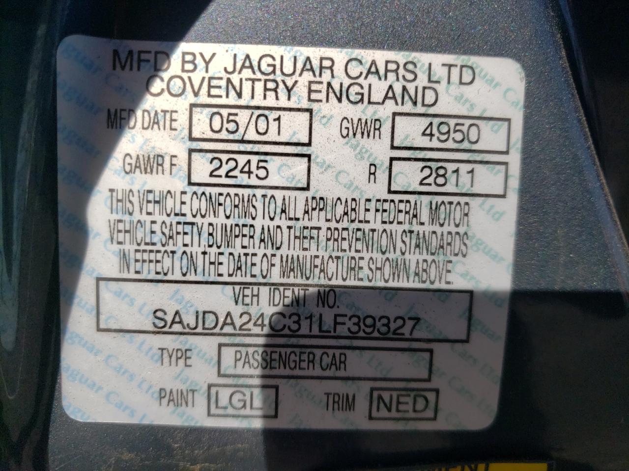 Photo 10 from auction – 2001 JAGUAR VANDENPLAS with VIN SAJDA24C31LF39327