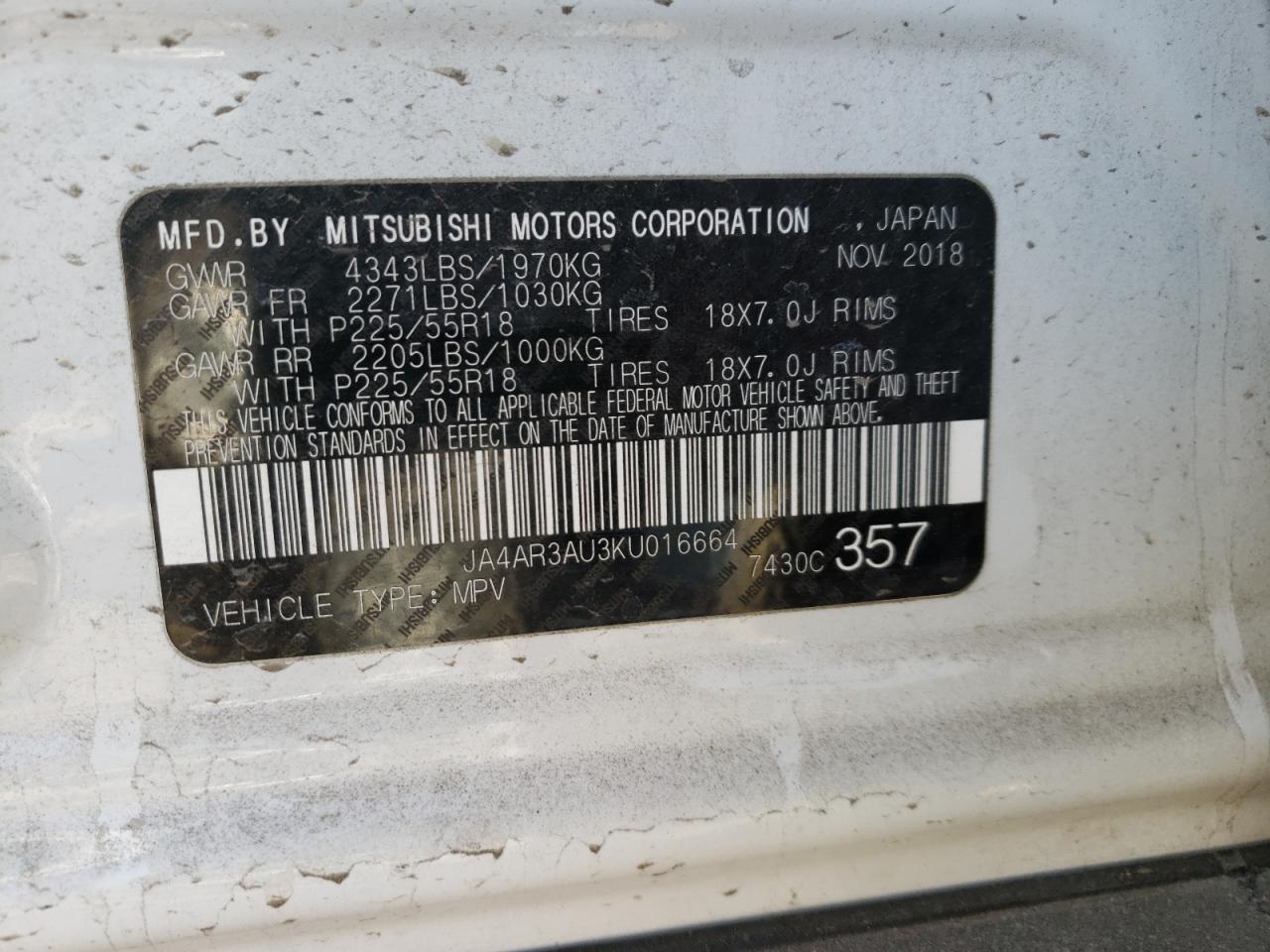 Photo 10 from auction – 2019 MITSUBISHI OUTLANDER with VIN JA4AR3AU3KU016664