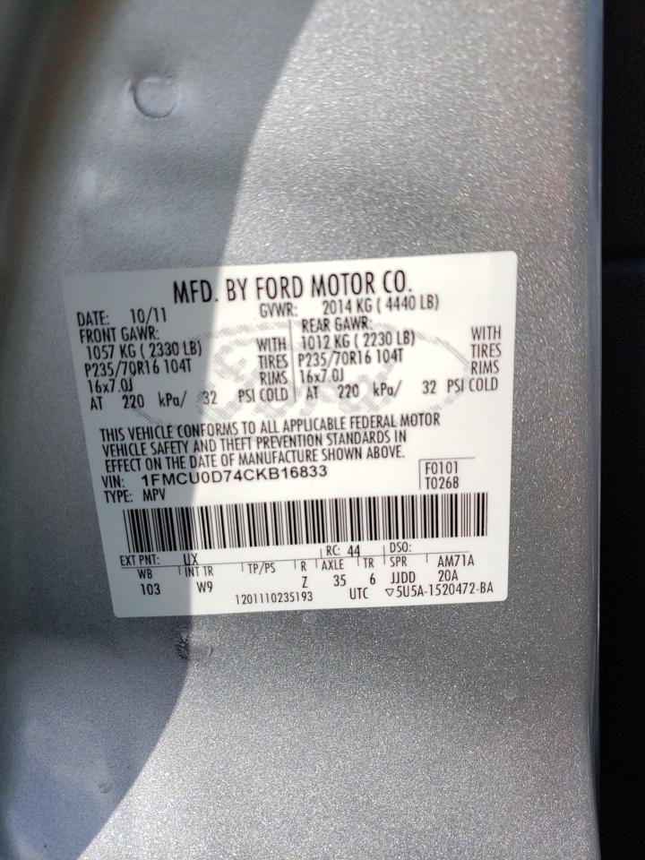 Photo 10 from auction – 2012 FORD ESCAPE XLT with VIN 1FMCU0D74CKB16833