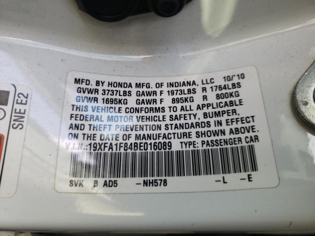 Photo 10 from auction – 2011 HONDA CIVIC EX with VIN 19XFA1F84BE016089
