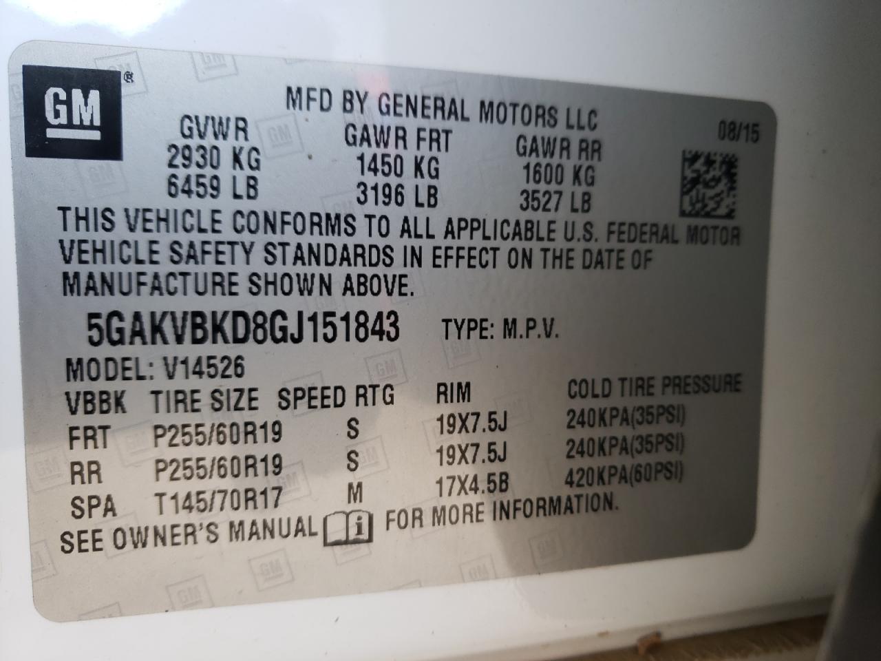 Photo 10 from auction – 2016 BUICK ENCLAVE with VIN 5GAKVBKD8GJ151843