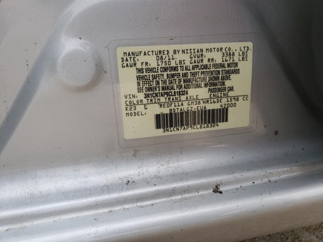 Photo 10 from auction – 2012 NISSAN VERSA S with VIN 3N1CN7AP9CL818324