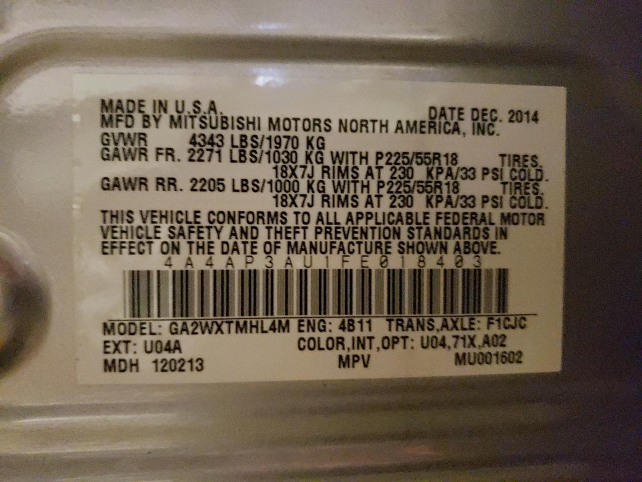 Photo 10 from auction – 2015 MITSUBISHI OUTLANDER with VIN 4A4AP3AU1FE018403