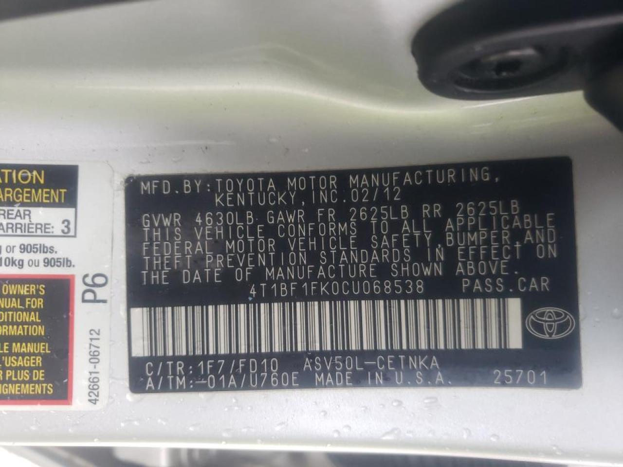 Photo 10 from auction – 2012 TOYOTA CAMRY BASE with VIN 4T1BF1FK0CU068538