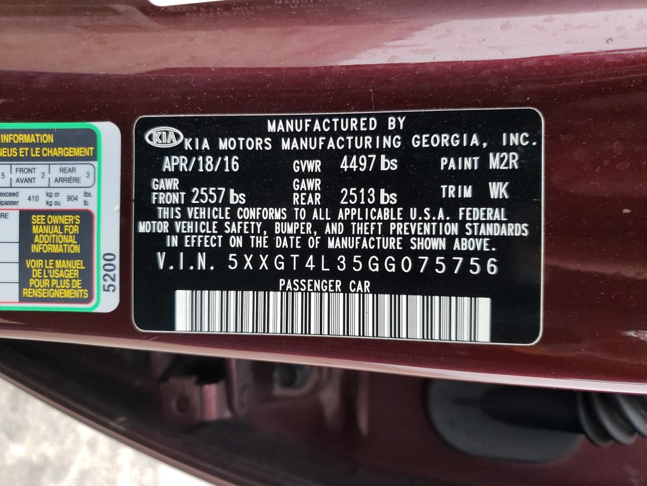 Photo 10 from auction – 2016 KIA OPTIMA LX with VIN 5XXGT4L35GG075756