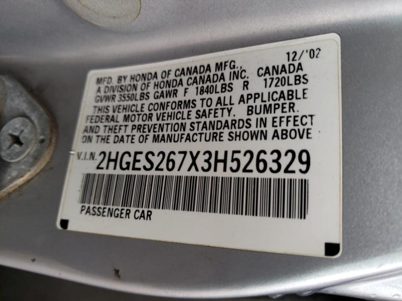 Photo 10 from auction – 2003 HONDA CIVIC EX with VIN 2HGES267X3H526329