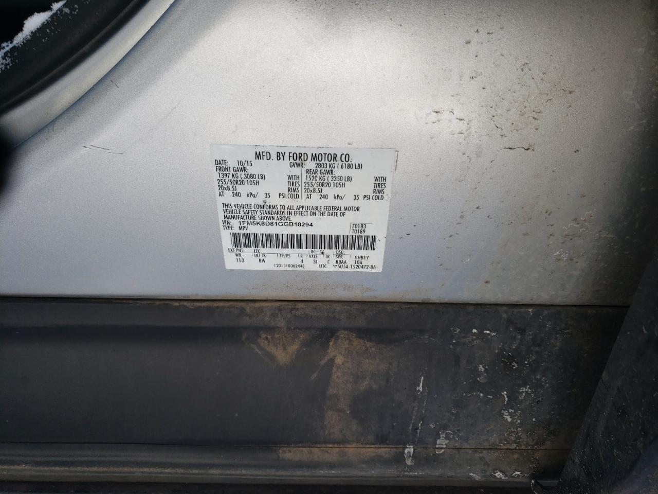Photo 10 from auction – 2016 FORD EXPLORER X with VIN 1FM5K8D81GGB18294