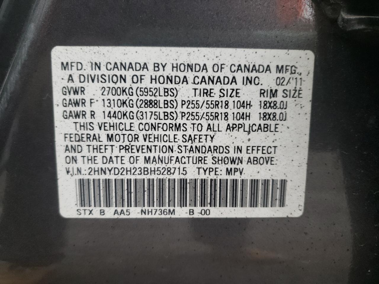 Photo 10 from auction – 2011 ACURA MDX with VIN 2HNYD2H23BH528715