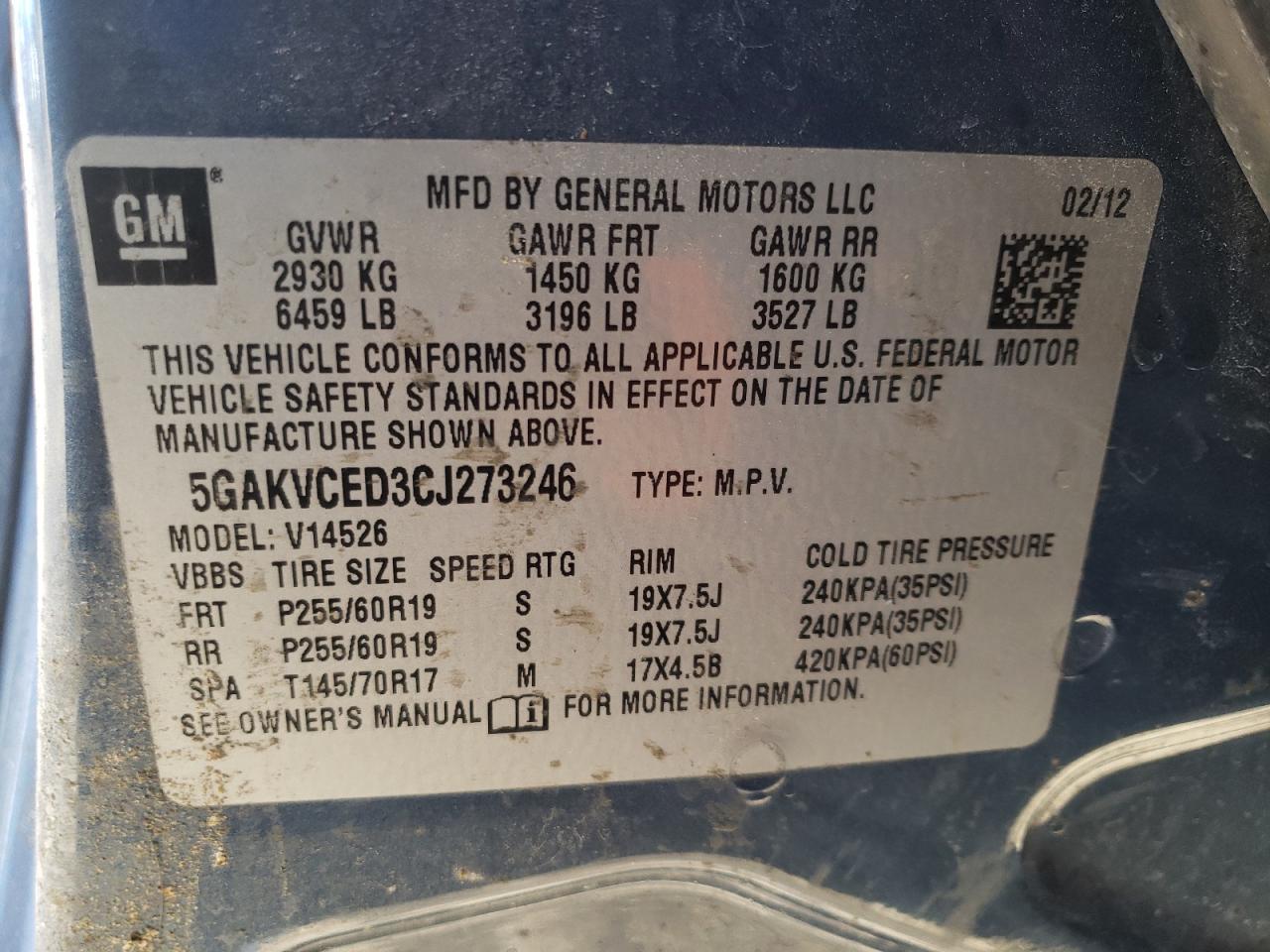 Photo 10 from auction – 2012 BUICK ENCLAVE with VIN 5GAKVCED3CJ273246