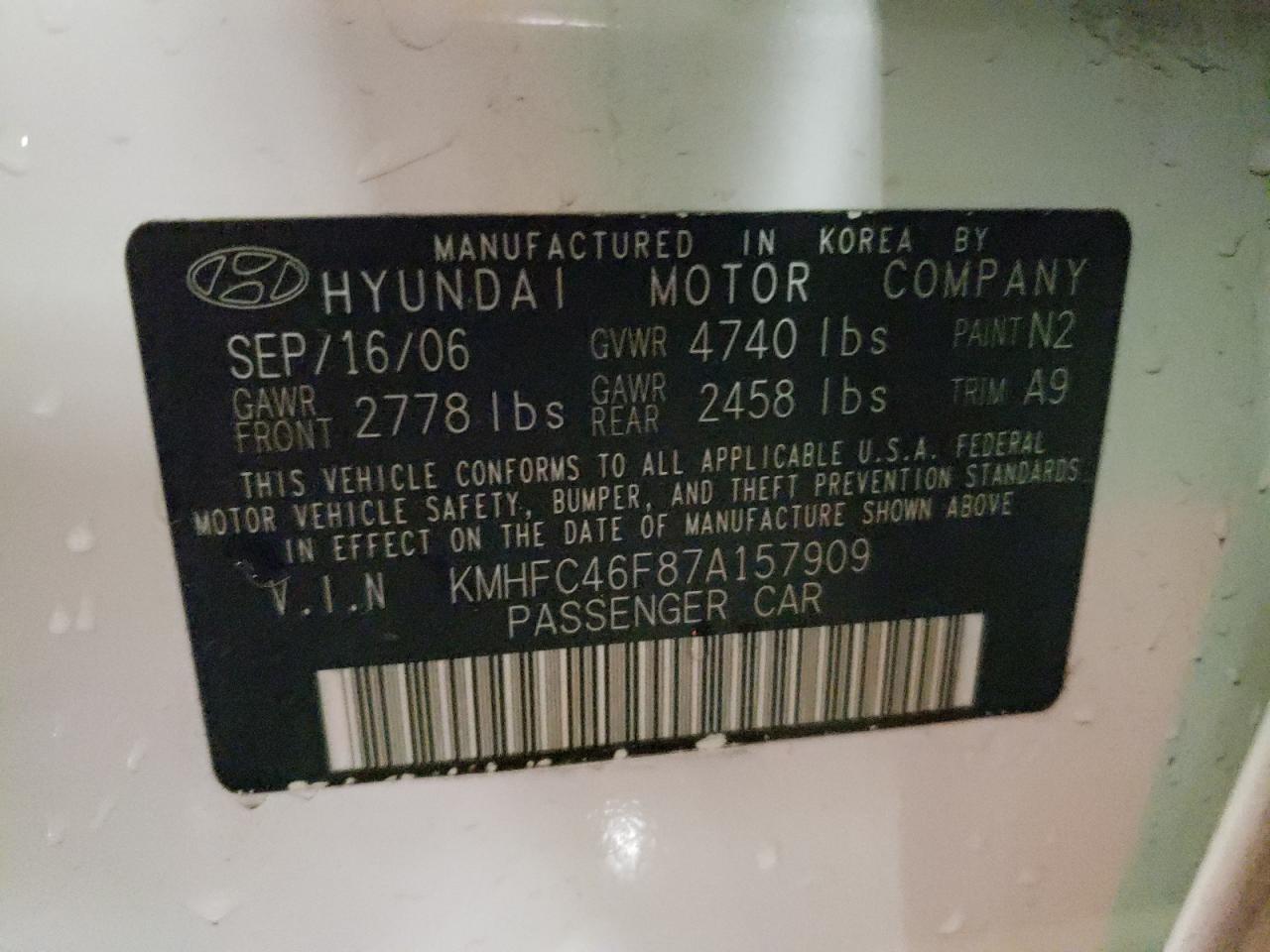 Photo 10 from auction – 2007 HYUNDAI AZERA SE with VIN KMHFC46F87A157909