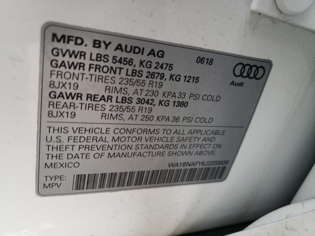 Photo 10 from auction – 2018 AUDI Q5 PREMIUM with VIN WA1BNAFY6J2203939