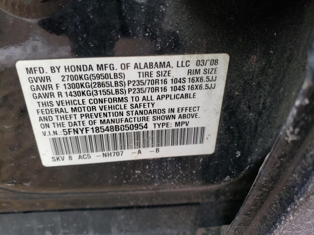 Photo 10 from auction – 2008 HONDA PILOT EXL with VIN 5FNYF18548B050954
