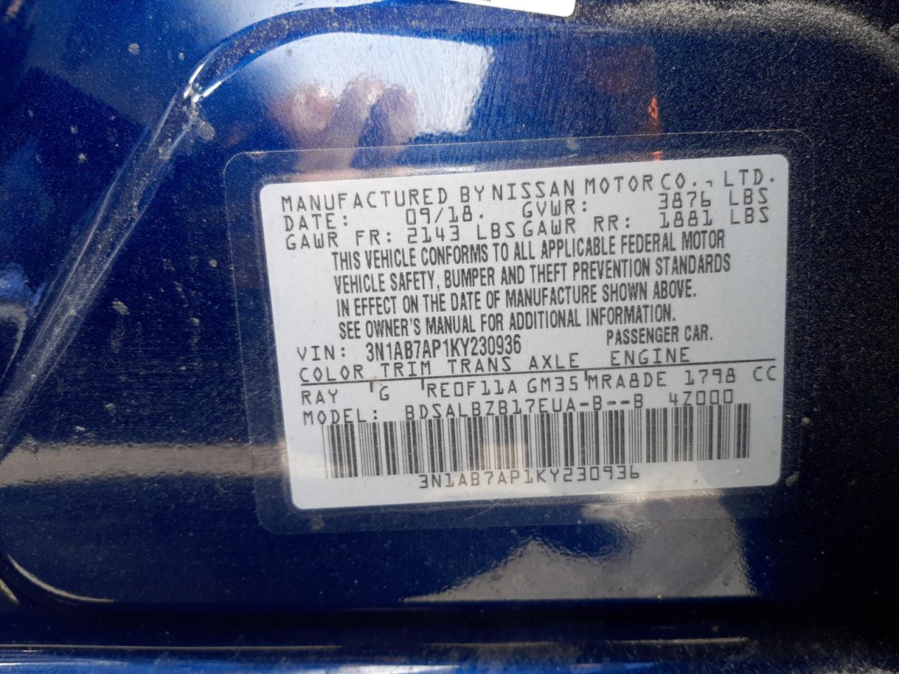 Photo 10 from auction – 2019 NISSAN SENTRA S with VIN 3N1AB7AP1KY230936
