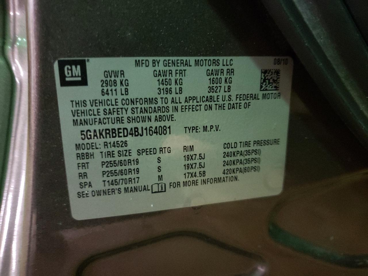 Photo 10 from auction – 2011 BUICK ENCLAVE CX with VIN 5GAKRBED4BJ164081