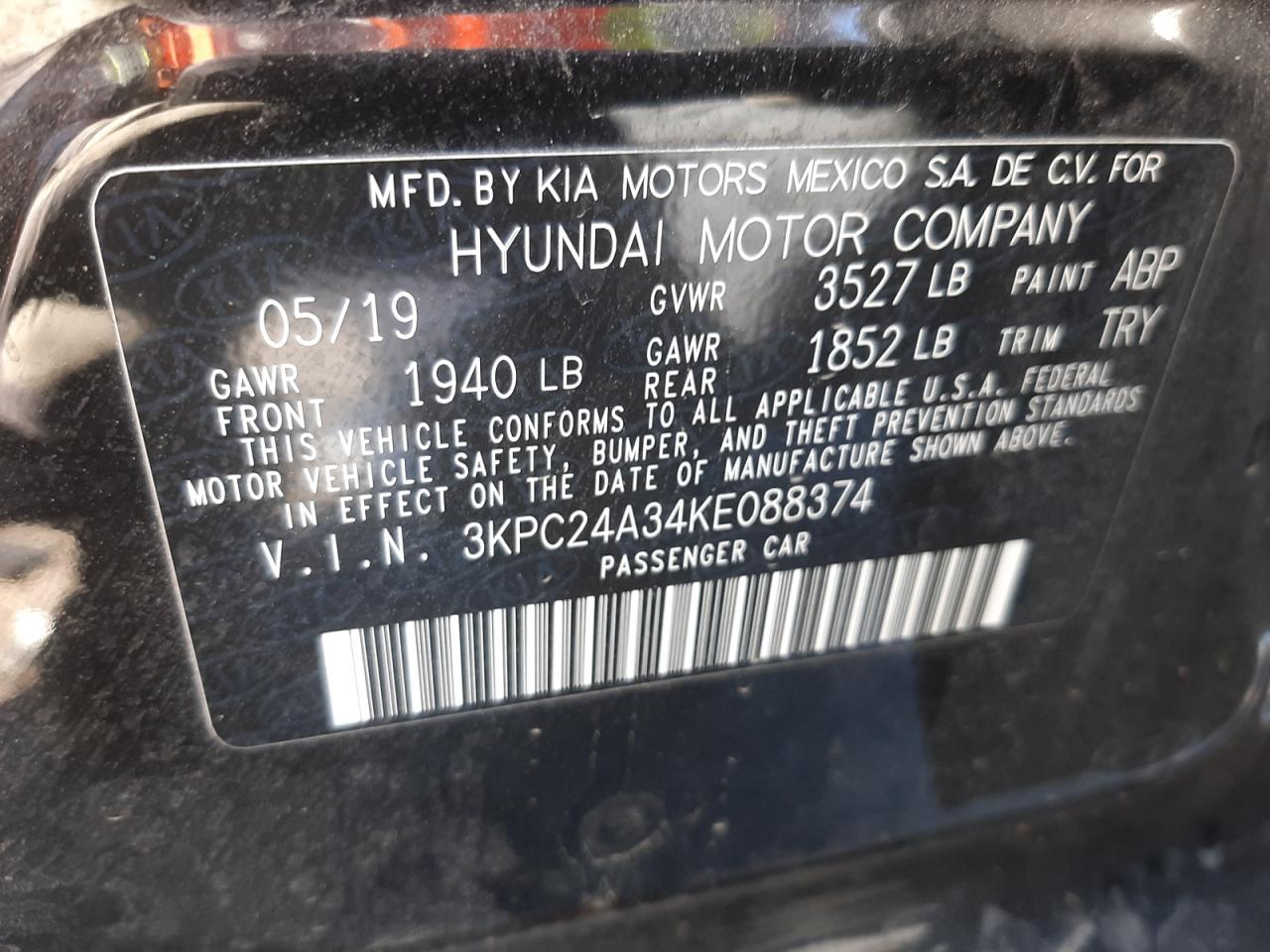 Photo 10 from auction – 2019 HYUNDAI ACCENT SE with VIN 3KPC24A34KE088374