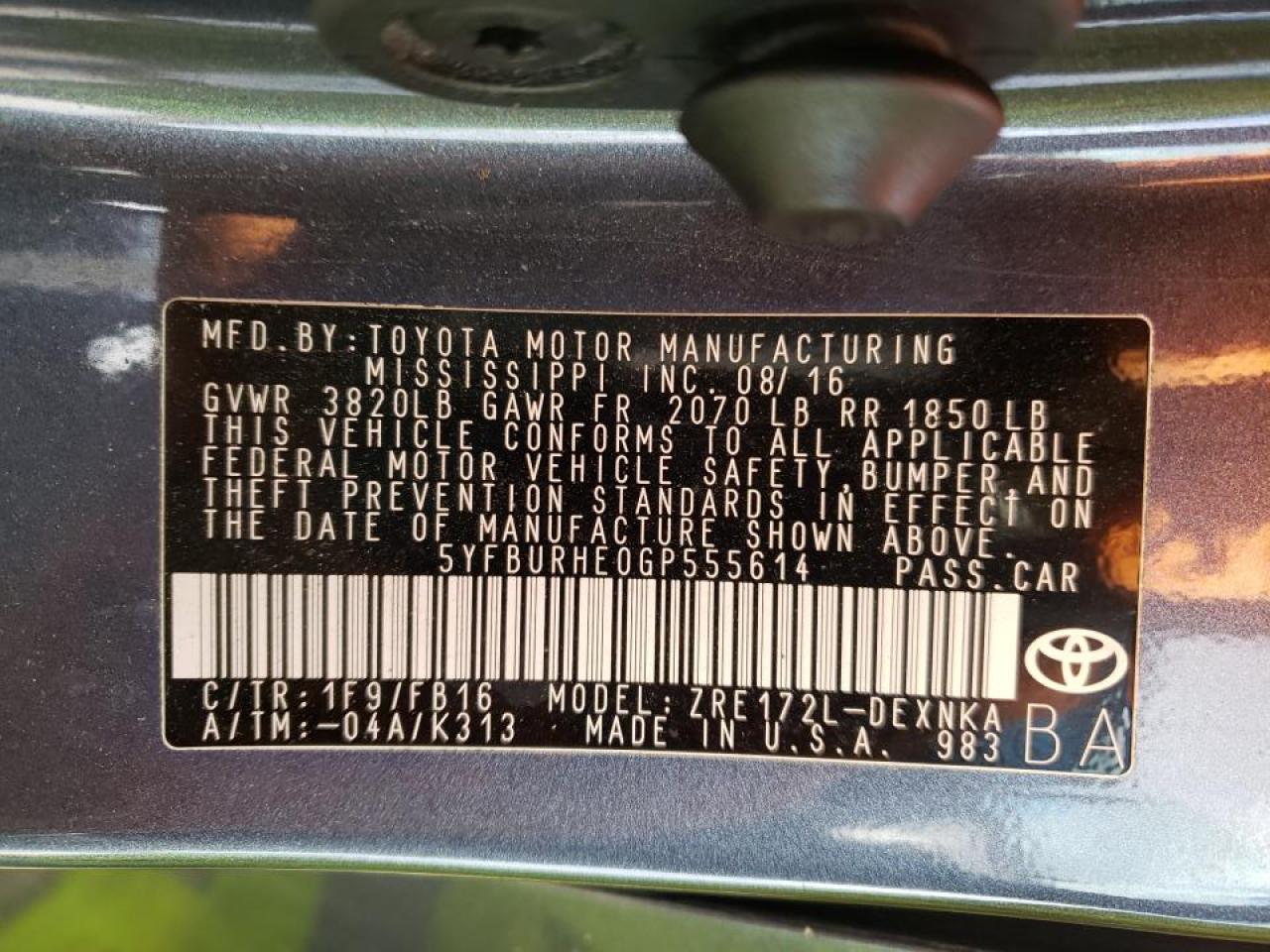 Photo 10 from auction – 2016 TOYOTA COROLLA L with VIN 5YFBURHE0GP555614