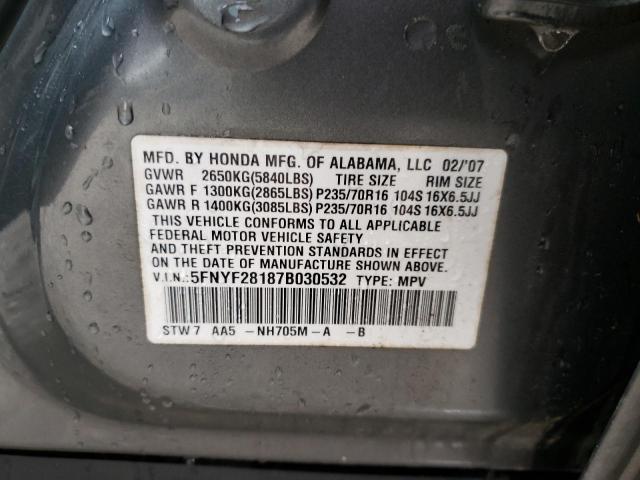 Photo 10 from auction – 2007 HONDA PILOT LX with VIN 5FNYF28187B030532