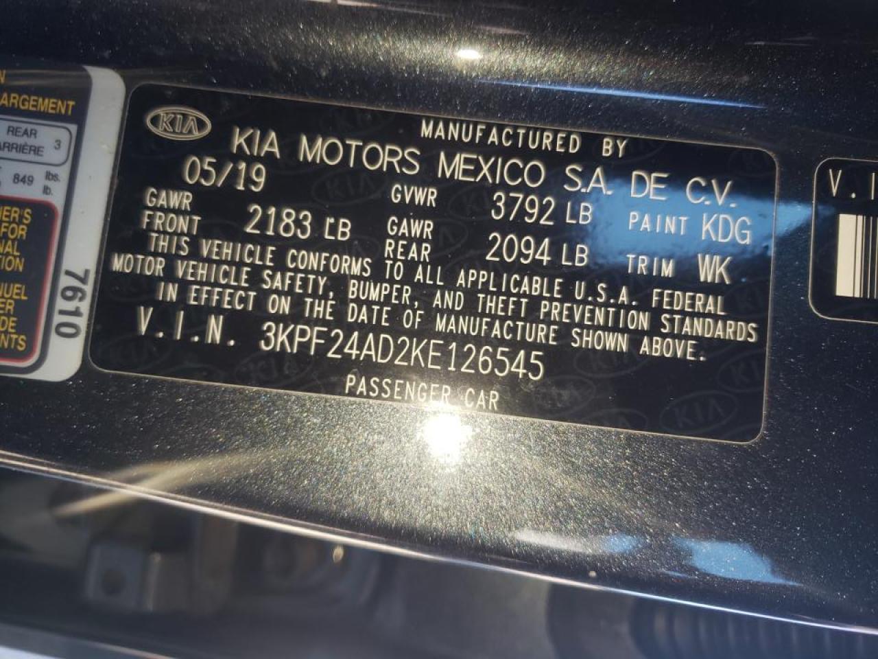 Photo 10 from auction – 2019 KIA FORTE FE with VIN 3KPF24AD2KE126545