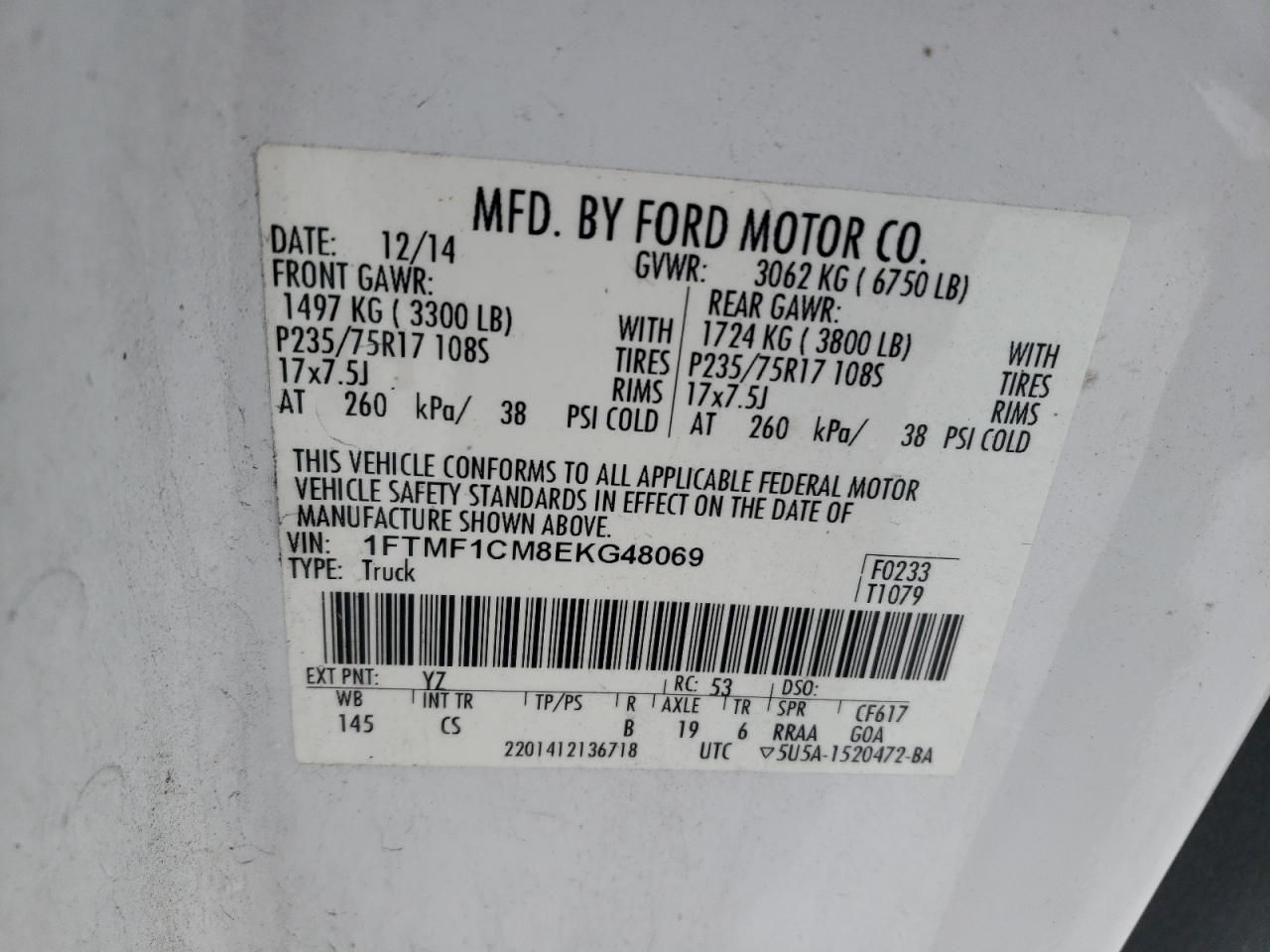 Photo 10 from auction – 2014 FORD F150 with VIN 1FTMF1CM8EKG48069