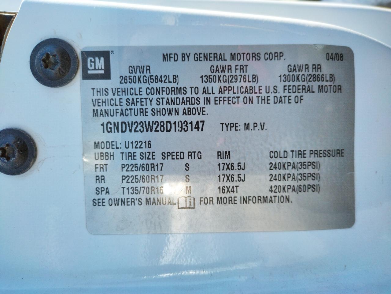 Photo 10 from auction – 2008 CHEVROLET UPLANDER L with VIN 1GNDV23W28D193147