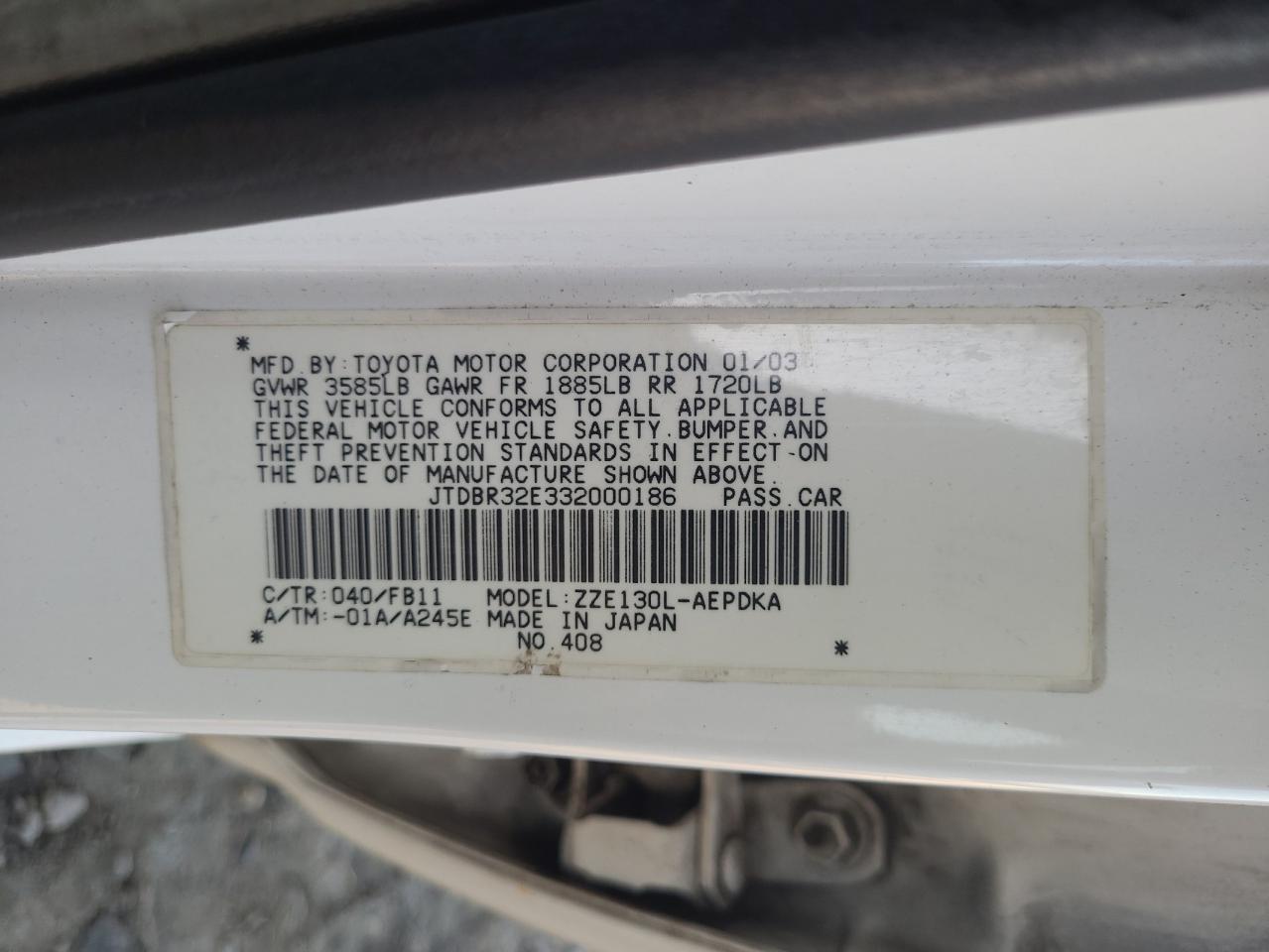 Photo 10 from auction – 2003 TOYOTA COROLLA CE with VIN JTDBR32E332000186