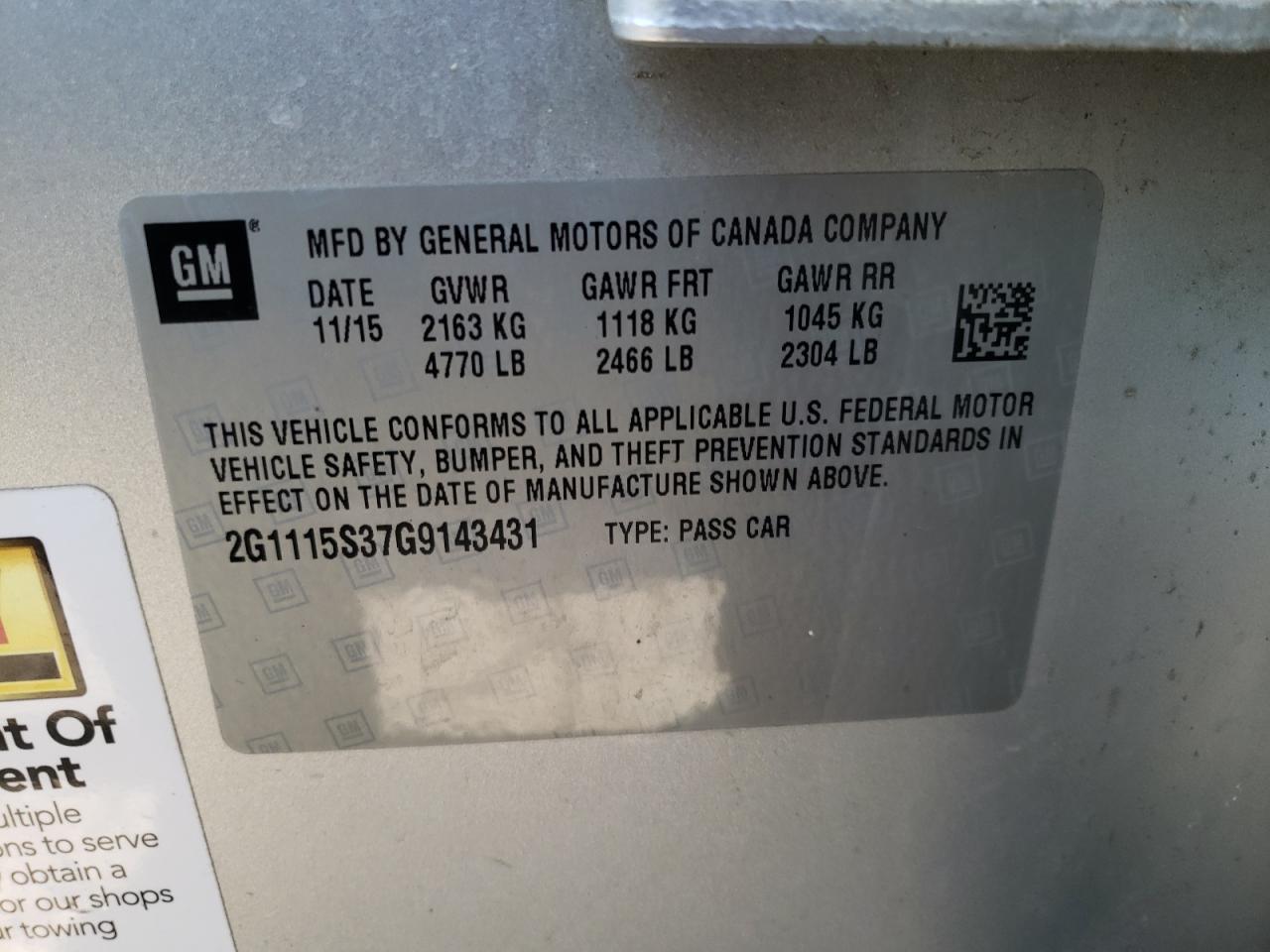 Photo 10 from auction – 2016 CHEVROLET IMPALA LT with VIN 2G1115S37G9143431