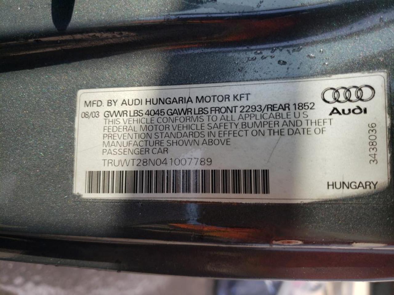 Photo 10 from auction – 2004 AUDI TT QUATTRO with VIN TRUWT28N041007789