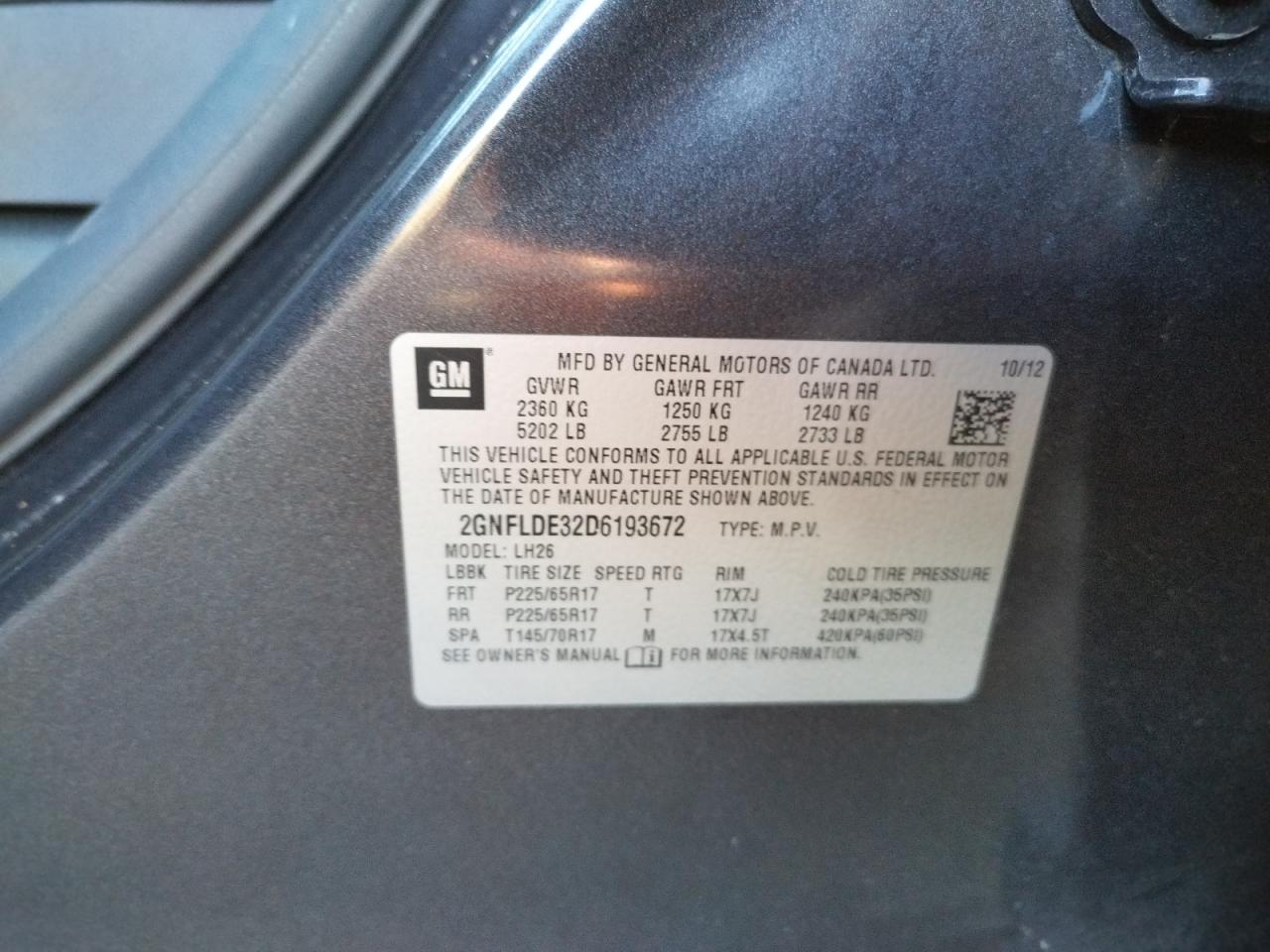 Photo 10 from auction – 2013 CHEVROLET EQUINOX LT with VIN 2GNFLDE32D6193672