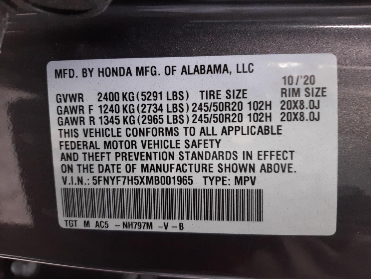 Photo 10 from auction – 2021 HONDA PASSPORT E with VIN 5FNYF7H5XMB001965