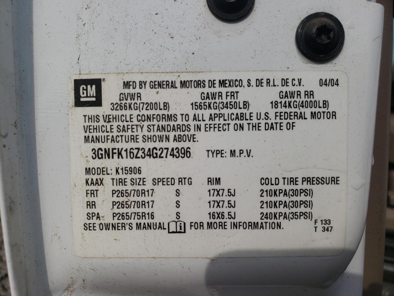 Photo 10 from auction – 2004 CHEVROLET SUBURBAN with VIN 3GNFK16Z34G274396