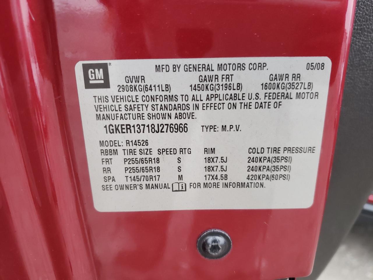Photo 10 from auction – 2008 GMC ACADIA SLE with VIN 1GKER13718J276966