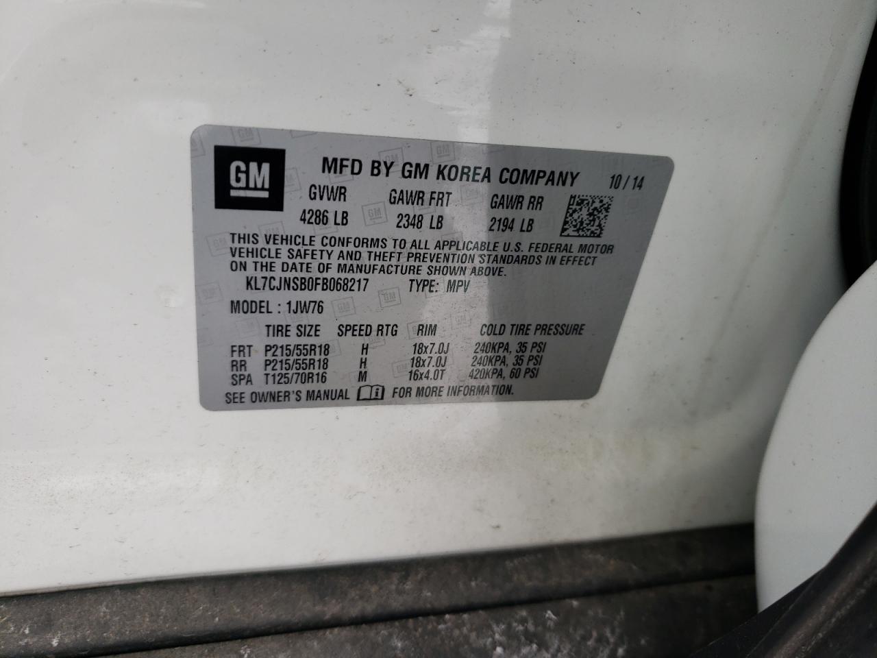 Photo 10 from auction – 2015 CHEVROLET TRAX LTZ with VIN KL7CJNSB0FB068217