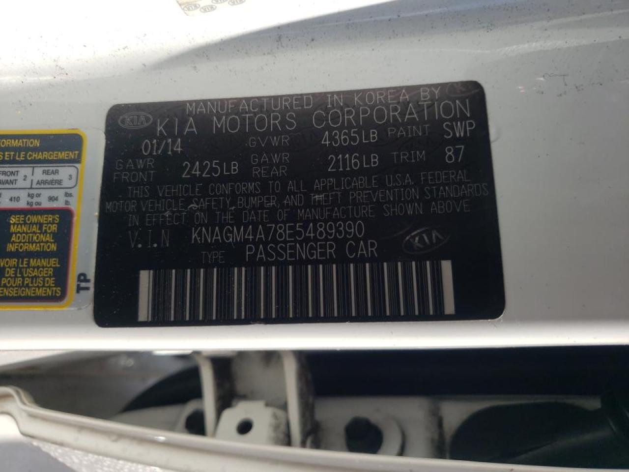 Photo 10 from auction – 2014 KIA OPTIMA LX with VIN KNAGM4A78E5489390
