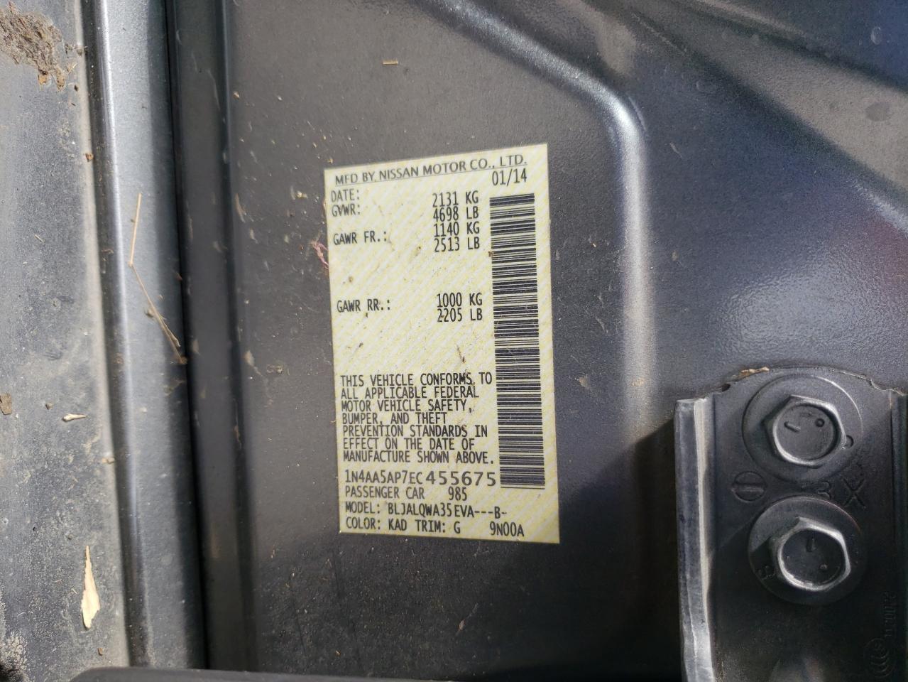 Photo 10 from auction – 2014 NISSAN MAXIMA S with VIN 1N4AA5AP7EC455675
