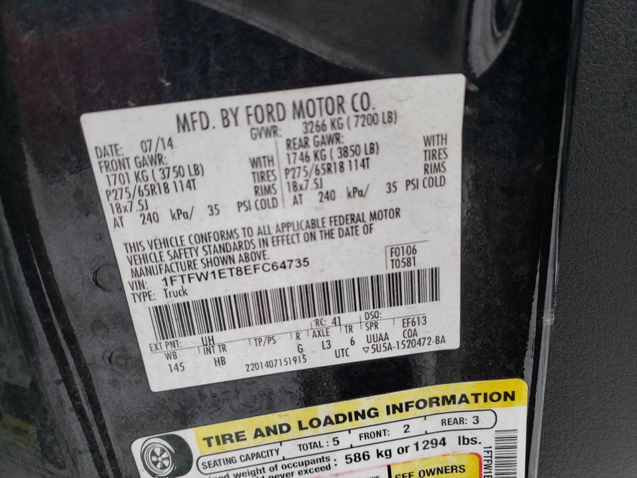 Photo 10 from auction – 2014 FORD F150 with VIN 1FTFW1ET8EFC64735