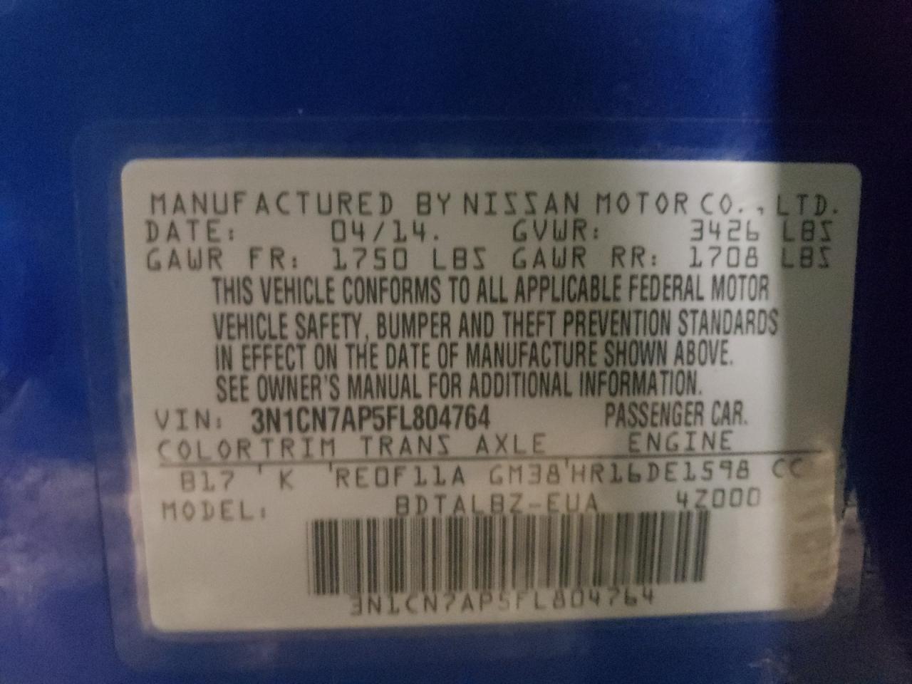Photo 10 from auction – 2015 NISSAN VERSA S with VIN 3N1CN7AP5FL804764