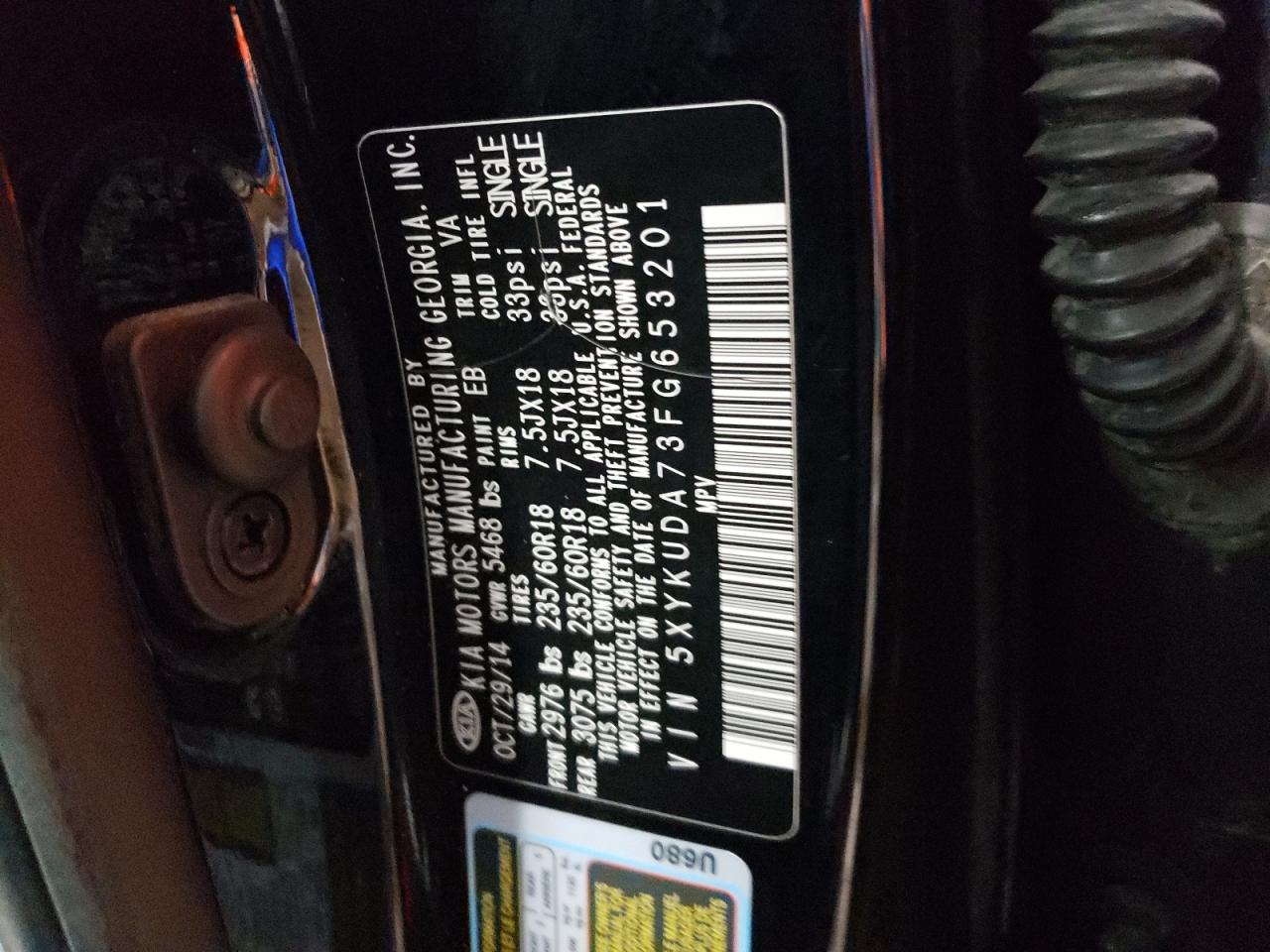 Photo 10 from auction – 2015 KIA SORENTO EX with VIN 5XYKUDA73FG653201