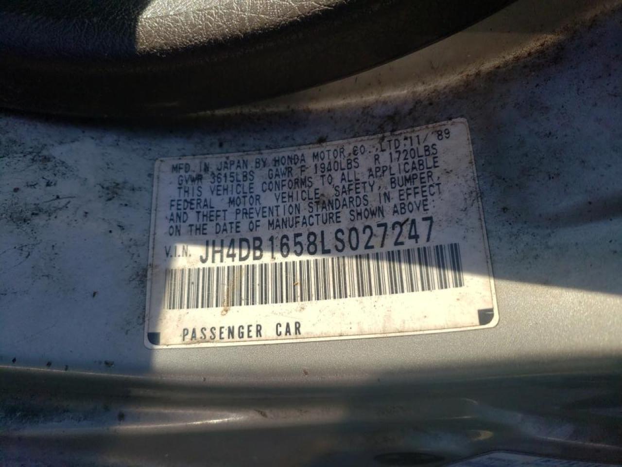 Photo 10 from auction – 1990 ACURA INTEGRA LS with VIN JH4DB1658LS027247