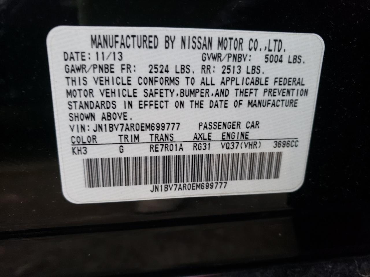 Photo 10 from auction – 2014 INFINITI Q50 BASE with VIN JN1BV7AR0EM699777