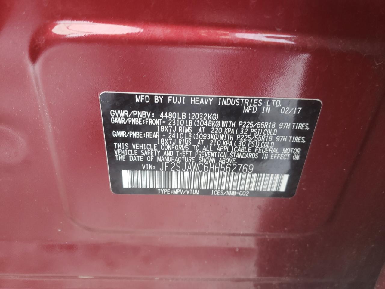 Photo 10 from auction – 2017 SUBARU FORESTER 2 with VIN JF2SJAWC6HH562769
