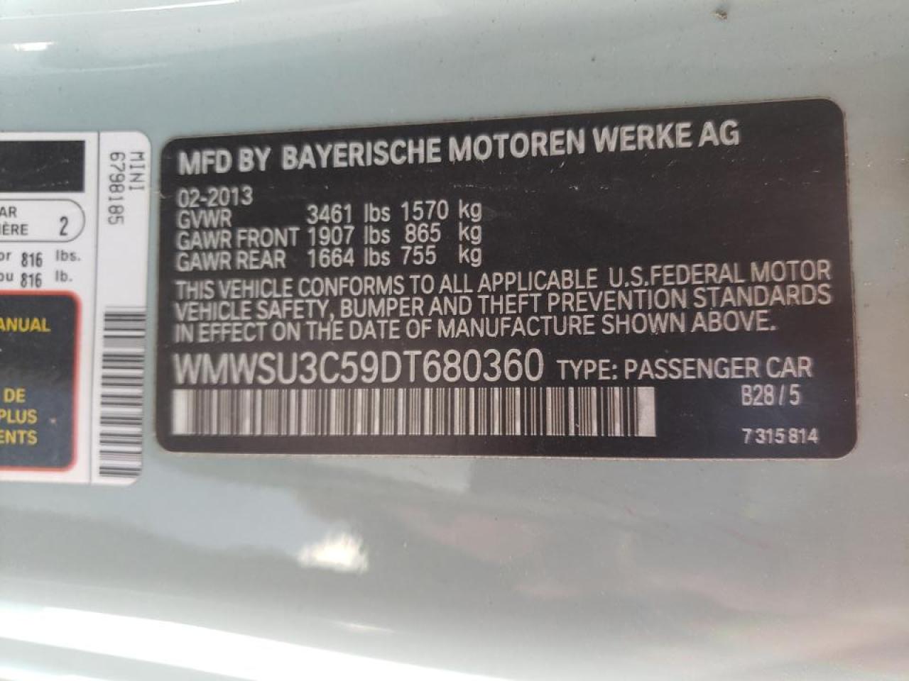 Photo 10 from auction – 2013 MINI COOPER with VIN WMWSU3C59DT680360