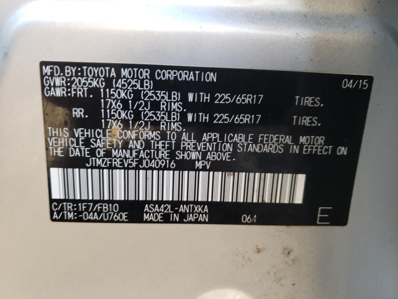 Photo 10 from auction – 2015 TOYOTA RAV4 LE with VIN JTMZFREV5FJ040916