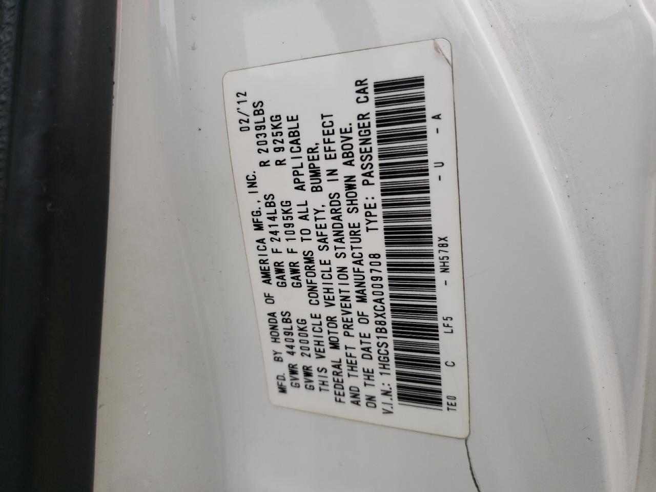Photo 10 from auction – 2012 HONDA ACCORD EXL with VIN 1HGCS1B8XCA009708
